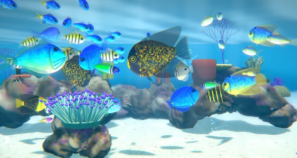 Caribbean Reef — interactive 3D reef with angelfish, tangs, and parrotfish swimming over coral and sand