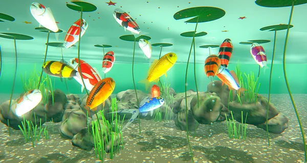 Koi Pond — interactive 3D Japanese koi pond with Kohaku, Sanke, Showa, and Ogon koi gliding beneath lily pads